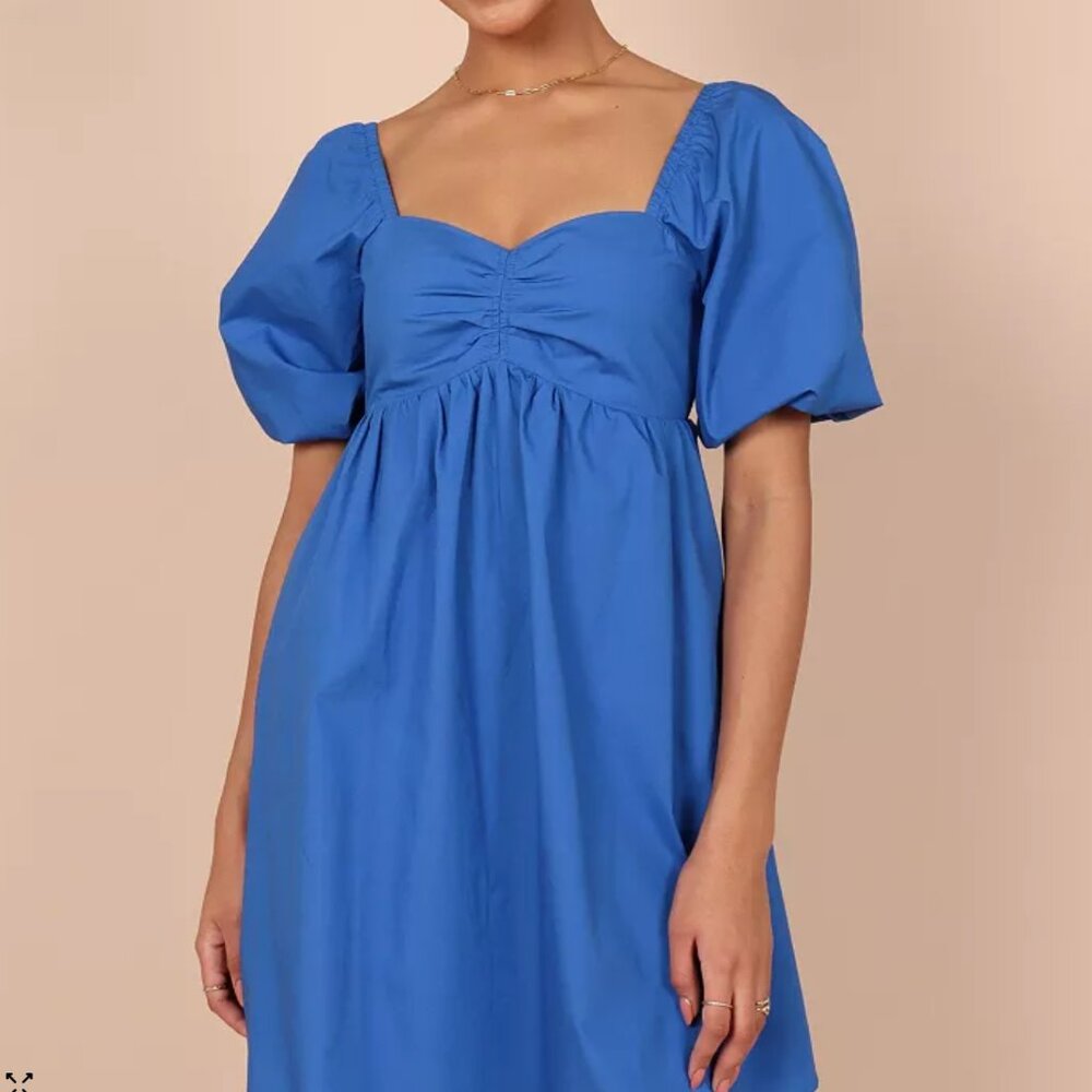 Petal and Pup Lionel Puff Sleeve Mini Dress Women’s L Blue Cotton Smocked